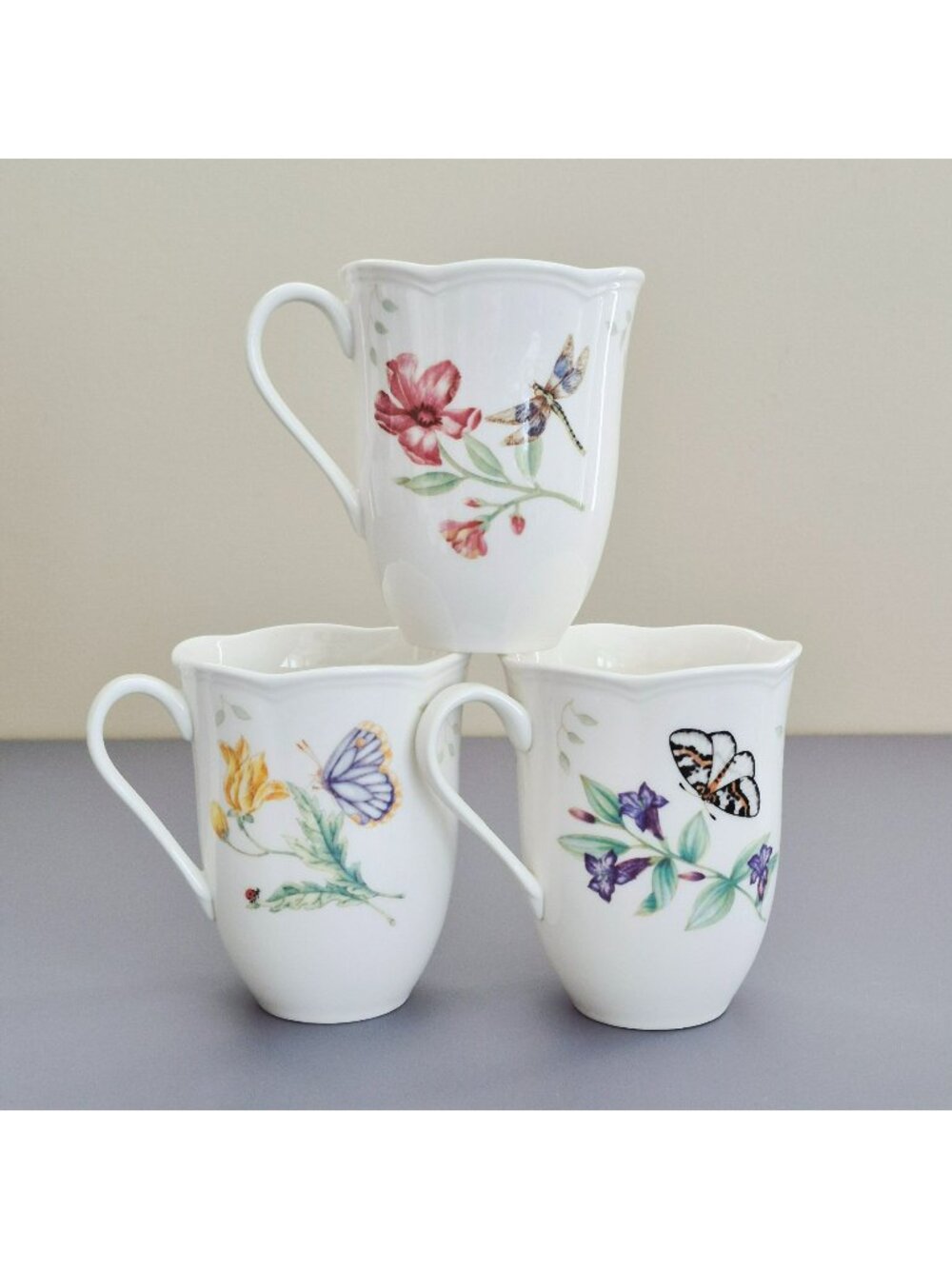 Lenox Butterfly Coffee Mug Set of 3, Orange Sulphur, Eastern Tailed, Fritillary